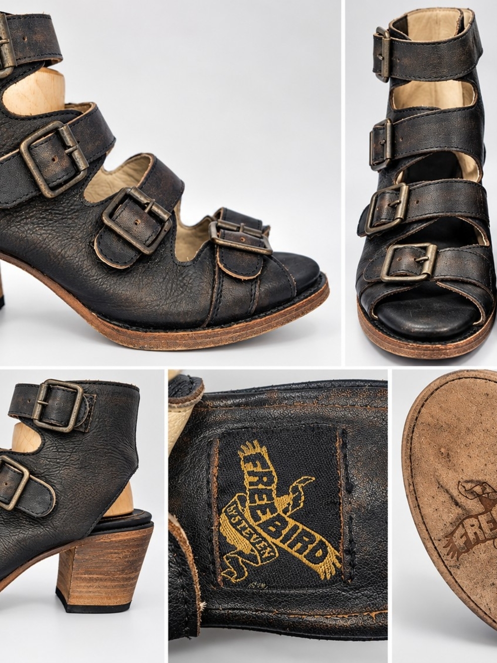 Freebird by Steven Women's Black Leather Buckle Sandal Heel